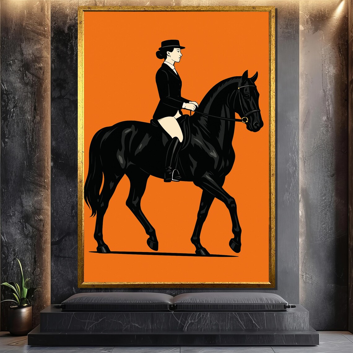 Elegant Horse Riding Painting, Minimalist Equestrian Woman
