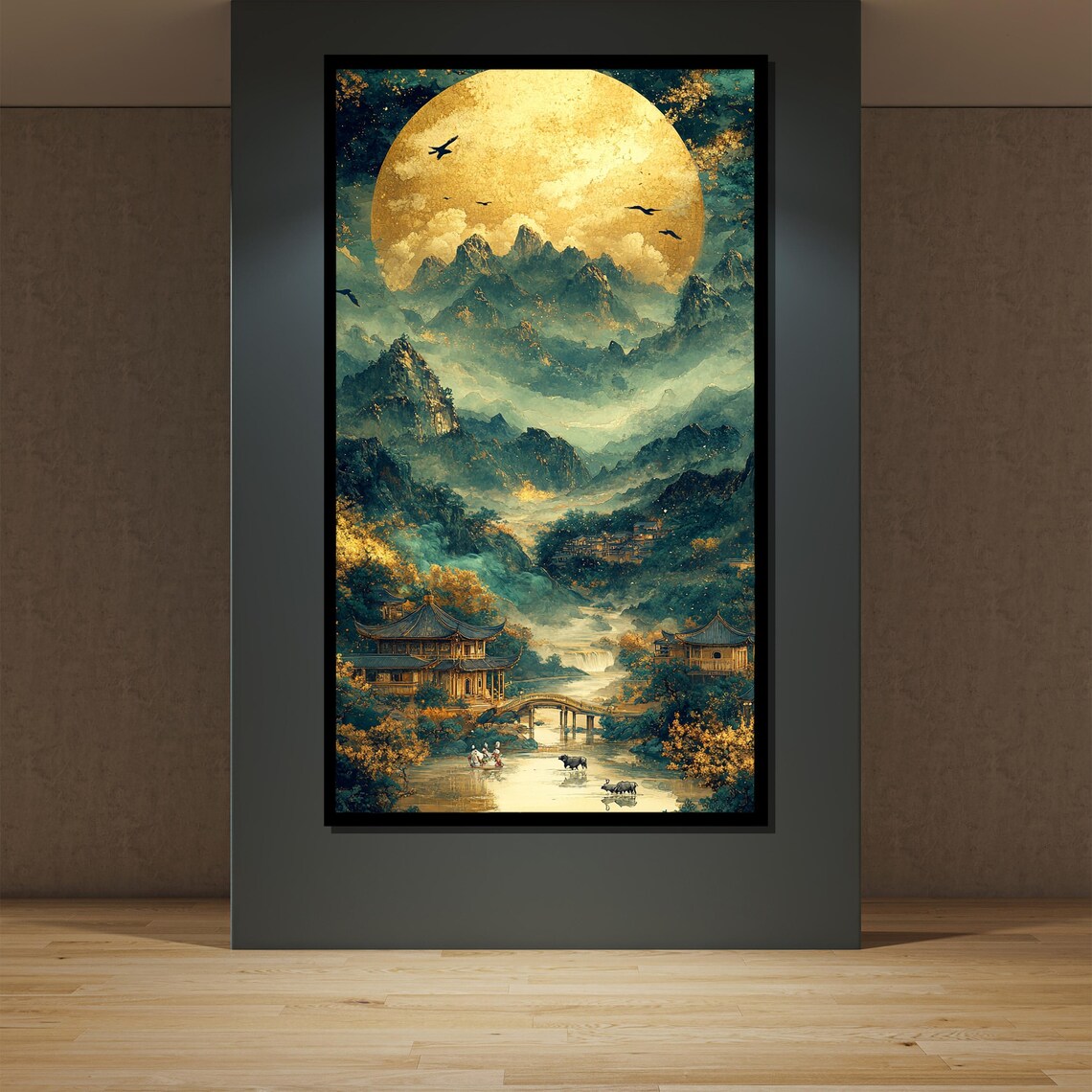 Japanese Full Moon Painting, Traditional Landscape - Image 2