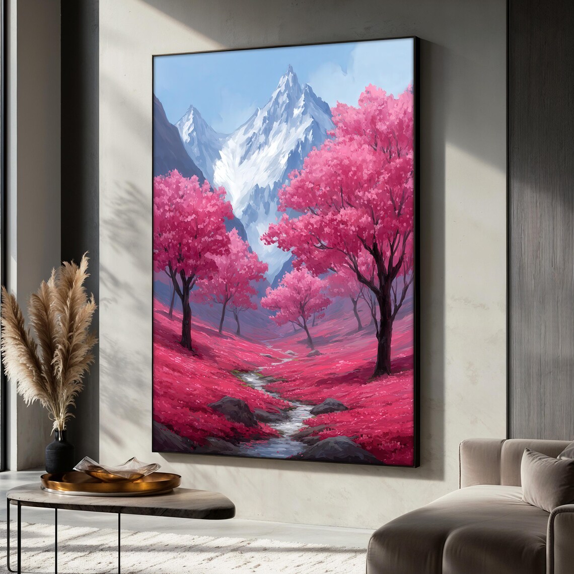 Mountain Landscape Painting, Snowy Peaks And River