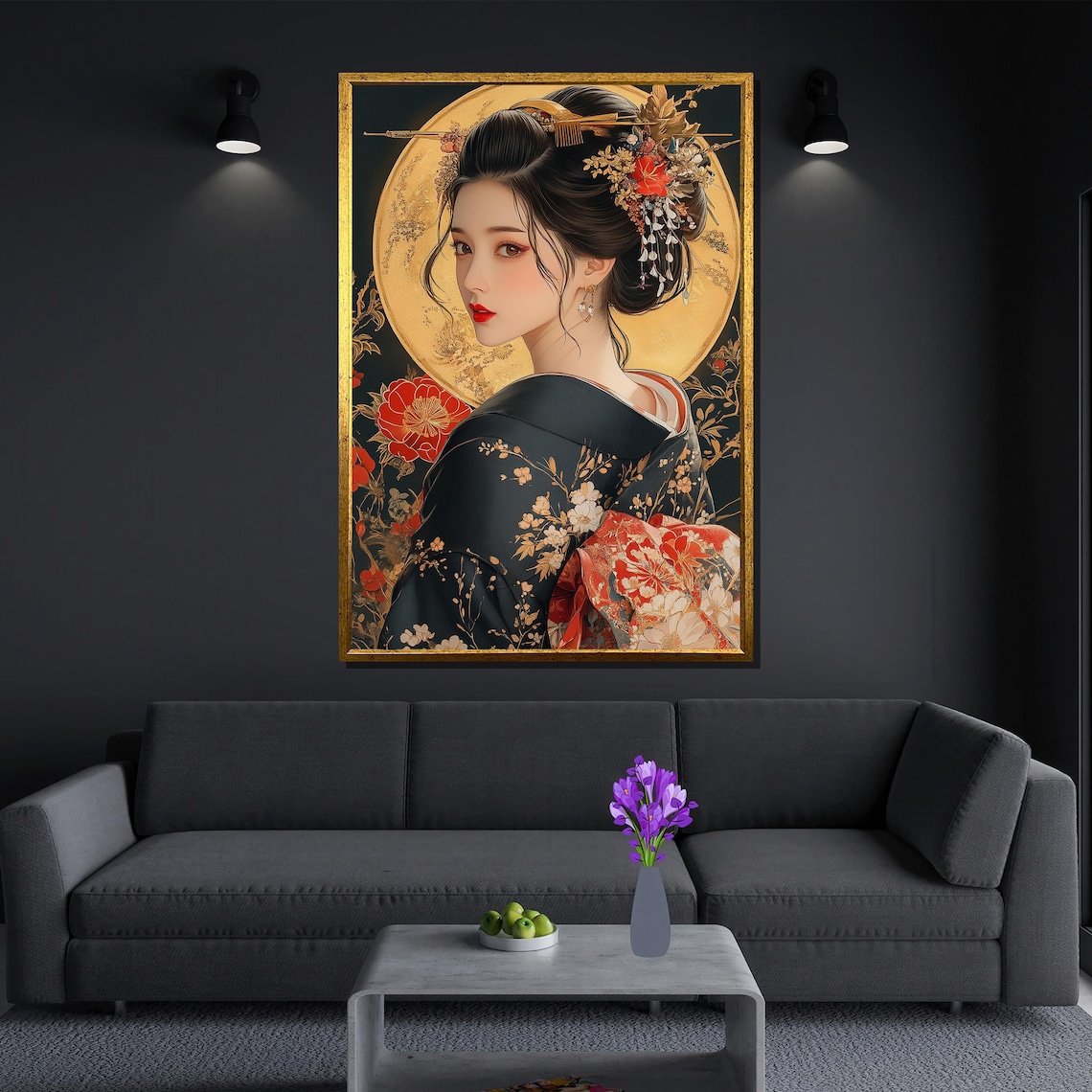 Japanese Woman In Black Kimono, Elegant Portrait Art Print - Image 3