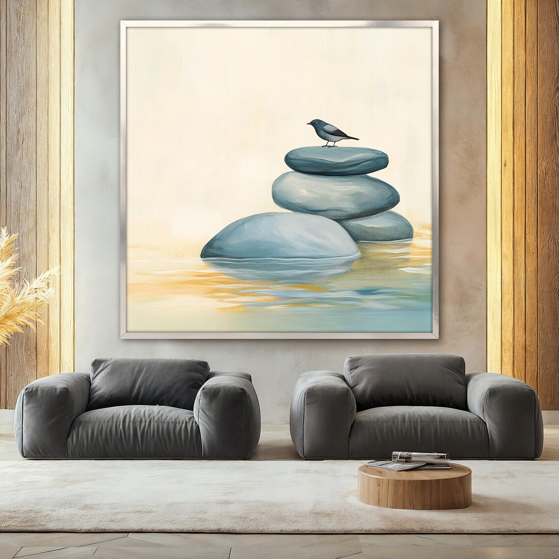 Bird On Stones Painting, Minimal Nature Scene - Image 2