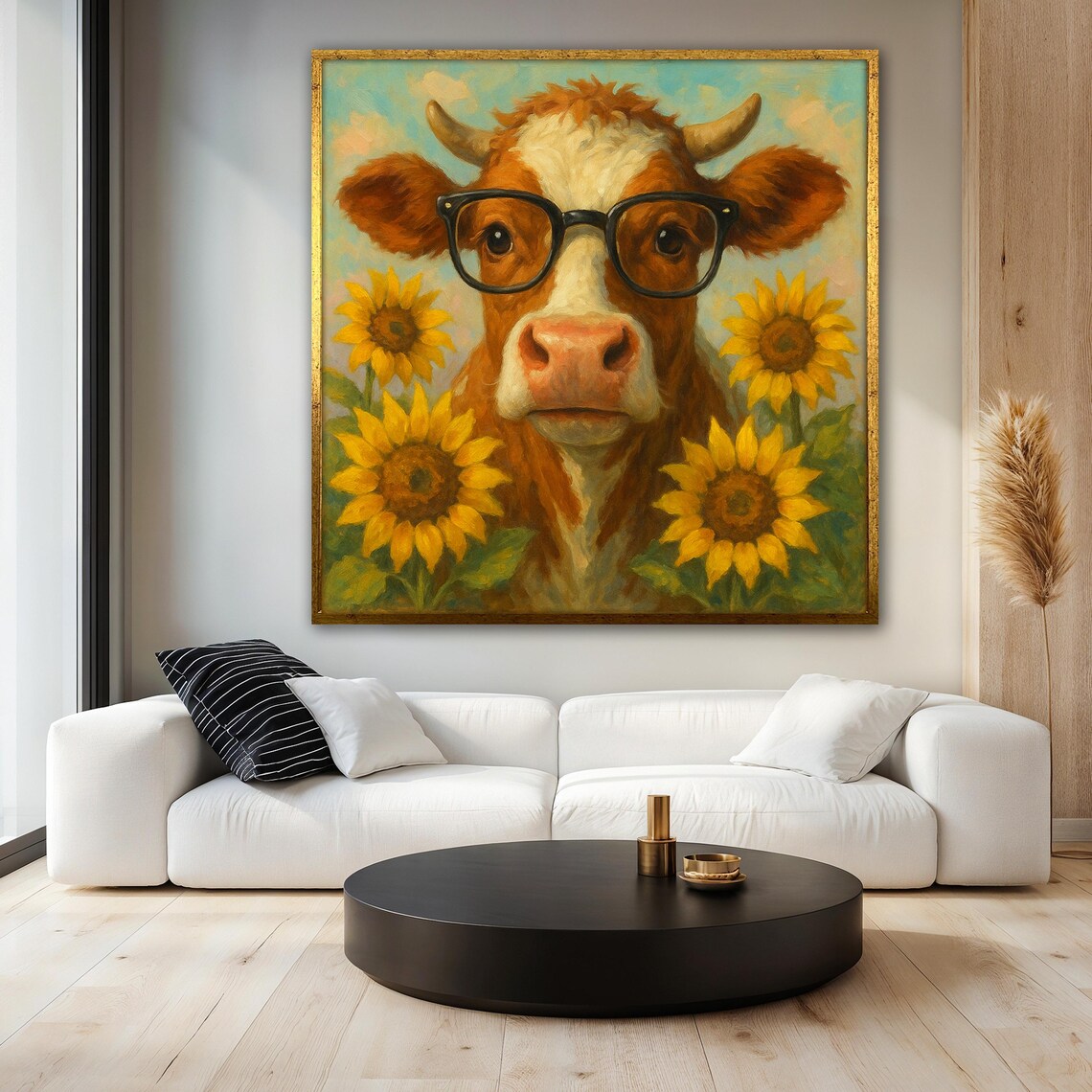 Funny Cow With Glasses And Sunflowers Art Print - Image 3