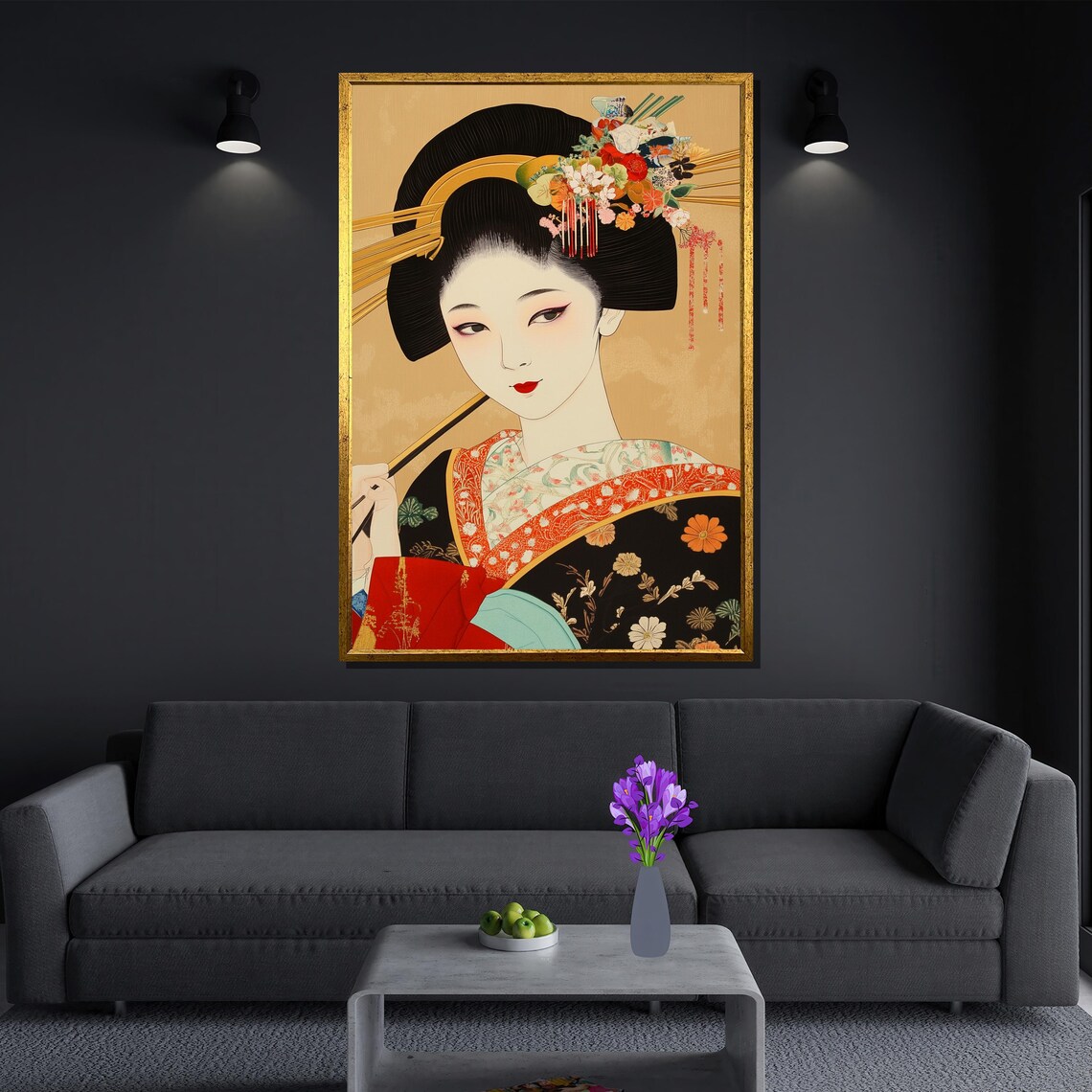 Traditional Japanese Geisha Painting, Elegant Kimono - Image 3