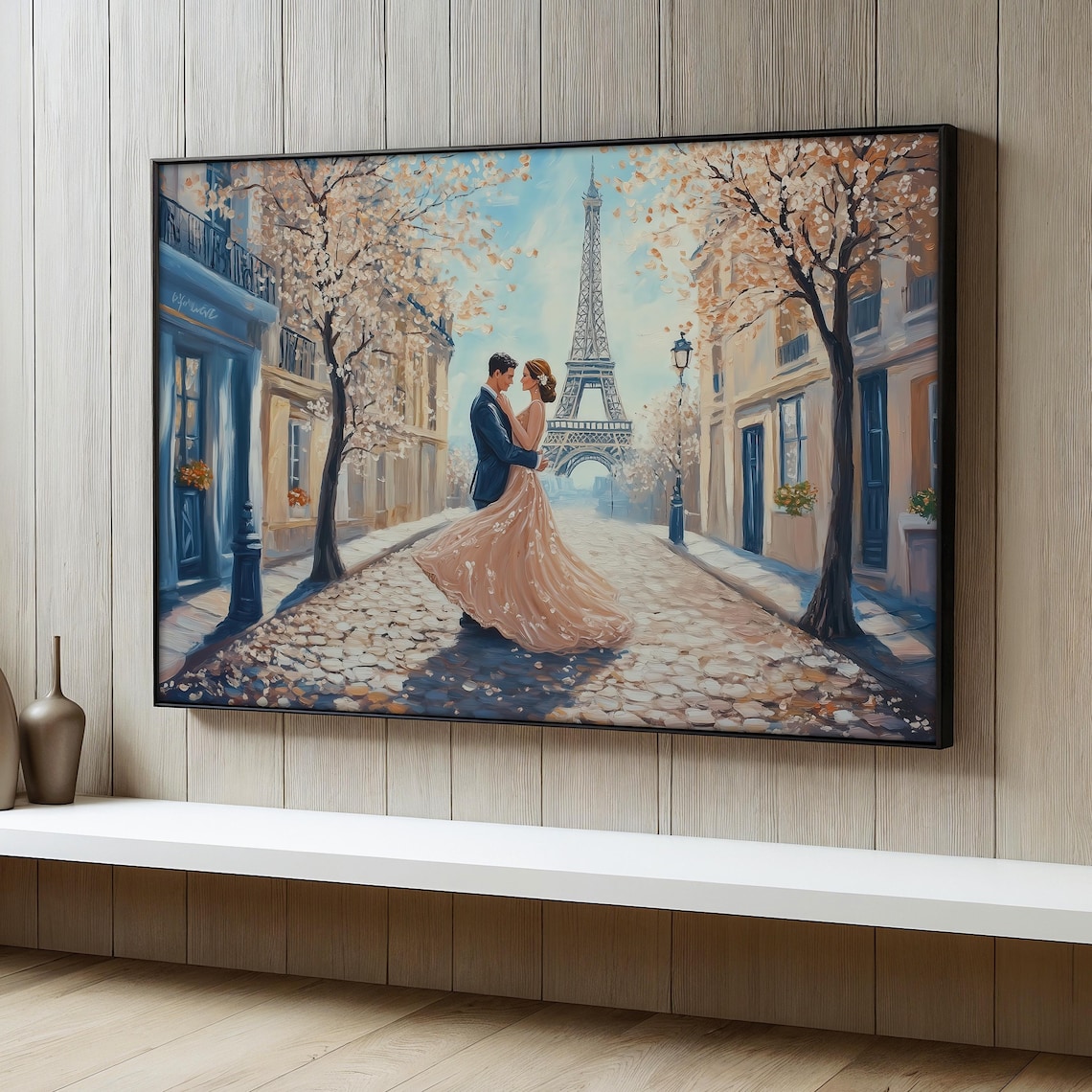 Romantic Paris Painting, Eiffel Tower Love Scene