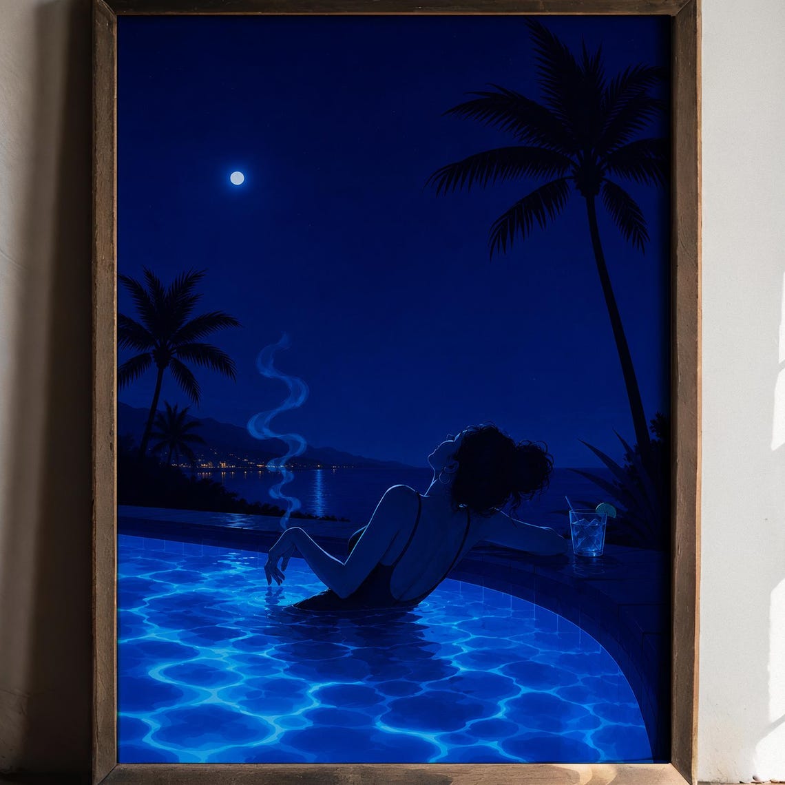 Neon Pool Night Wall Poster Palm Tree Silhouette Art Print Moody Tropical Evening Decor