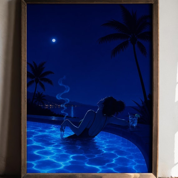 Moonlit Neon Pool Night Palm Tree Ocean Escape Scene Art Poster