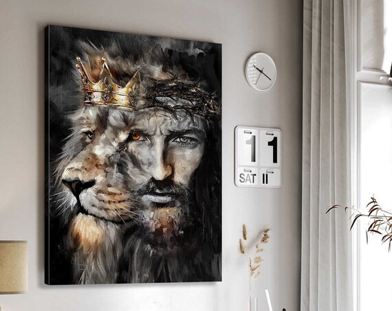 Lion Of Judah Half Jesus Face Golden Crown Thorns Canvas Poster