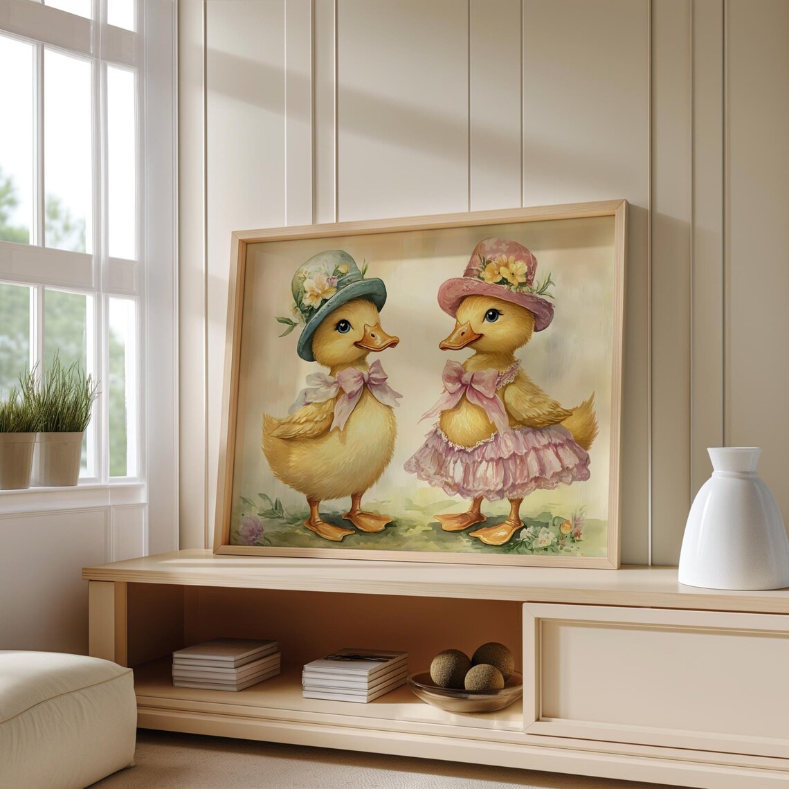Two Cute Ducklings in Floral Bonnets Vintage Pastel Nursery Wall Art