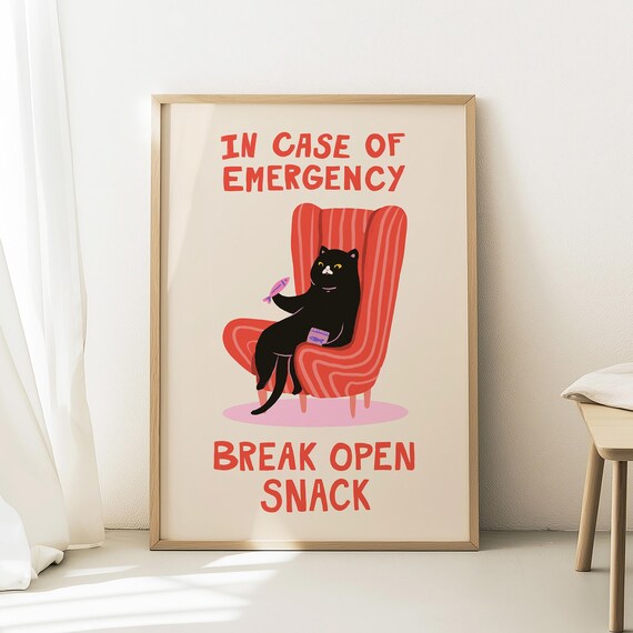 Funny Black Cat In Red Armchair In Case Of Emergency Break Open Snack Poster