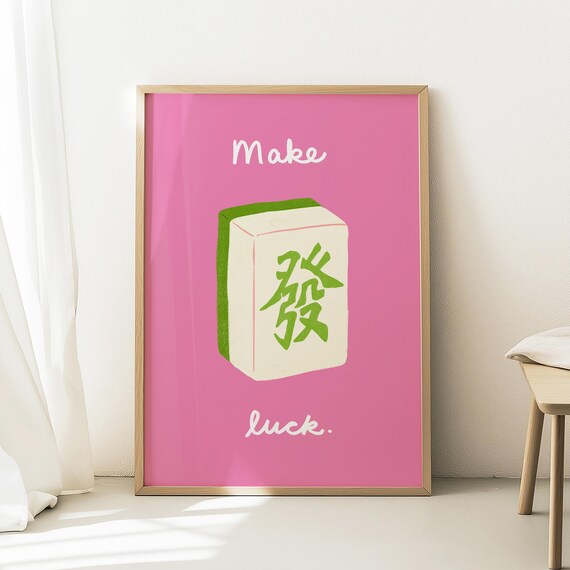 Mahjong Wall Art Asian Lucky Print Make Luck Quote Fa Cai Illustration Pink Room Decor Good Gift Lunar New Year