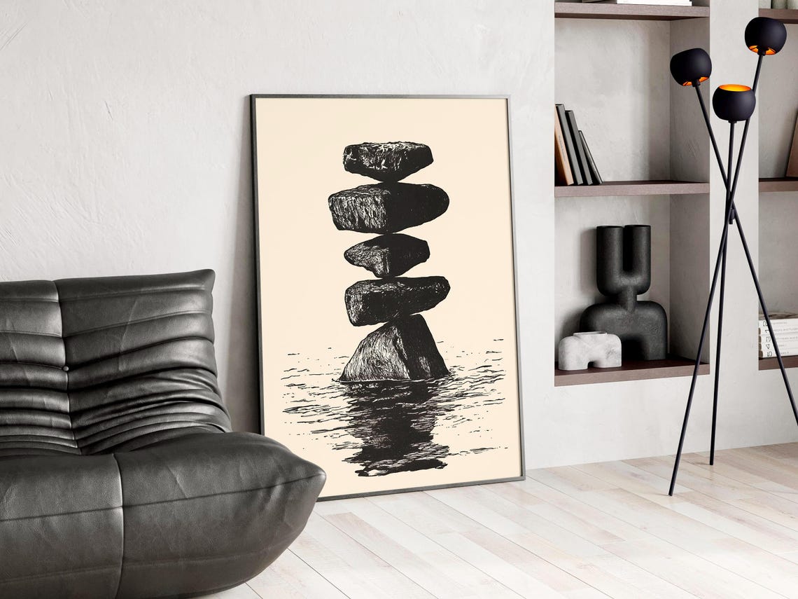 Balanced Black Stone Cairn Stack Zen Ink Drawing Minimalist Poster