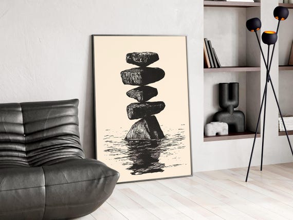 Wabi Sabi Wall Art Print Japandi Zen Poster Minimalist Stone Balance Artwork Serene Home Decor Floating