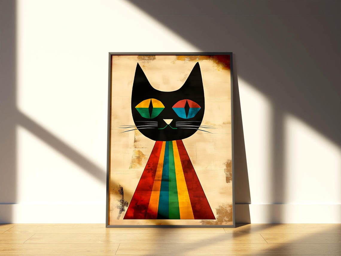 Retro Geometric Black Cat Rainbow Striped Mid Century Poster