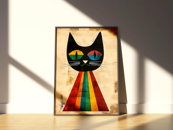 Retro Geometric Black Cat Rainbow Striped Mid Century Poster