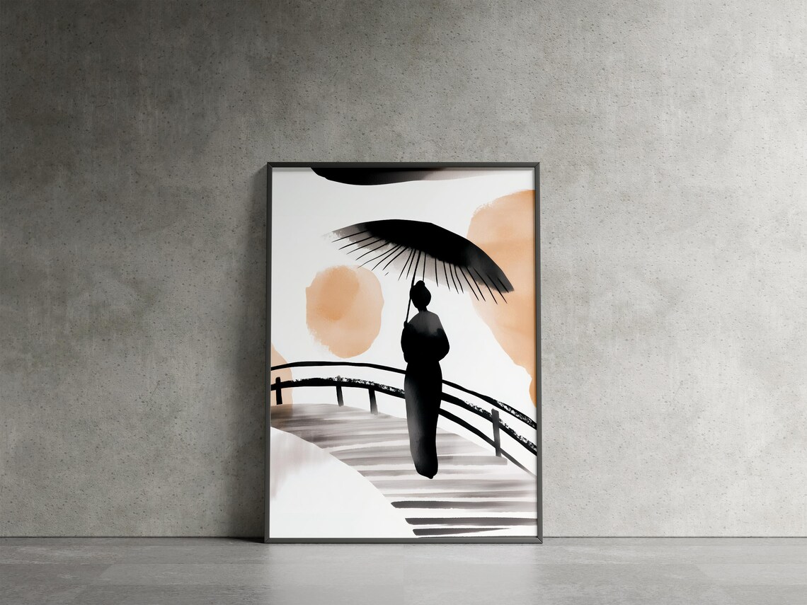 Japanese Ink Silhouette Woman With Parasol Crossing Bridge Poster