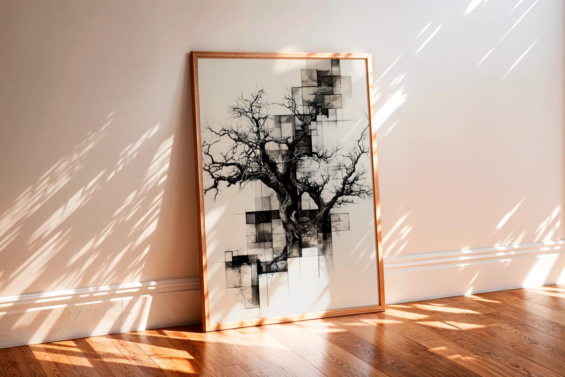 Bare Twisted Tree Geometric Black Squares Modern Japandi Art Poster