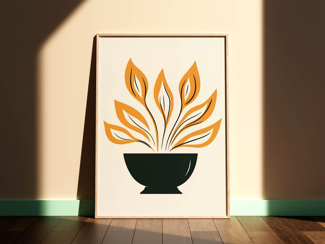 Mid Century Modern Leafy Plant Golden Bowl Minimalist Poster