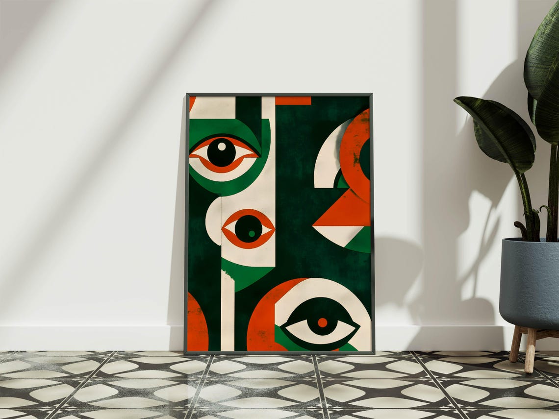 Mid Century Modern Abstract Eyes Green Orange Cream Geometric Poster