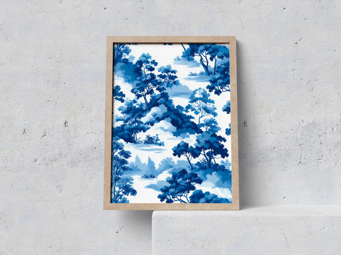 Chinoiserie Blue Botanical Nature Landscape Poster for Living Room