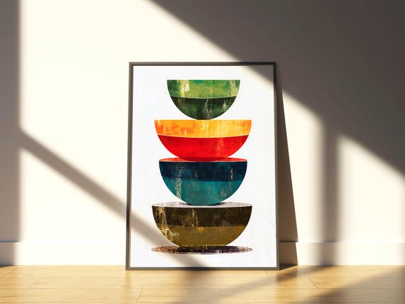 Mid Century Modern Wall Art Retro Minimalist Poster Colorful Stacked Bowl Illustration For Kitchen And Dining Room Decor