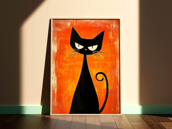 Retro Black Cat on Orange Textured Background Halloween Style Poster