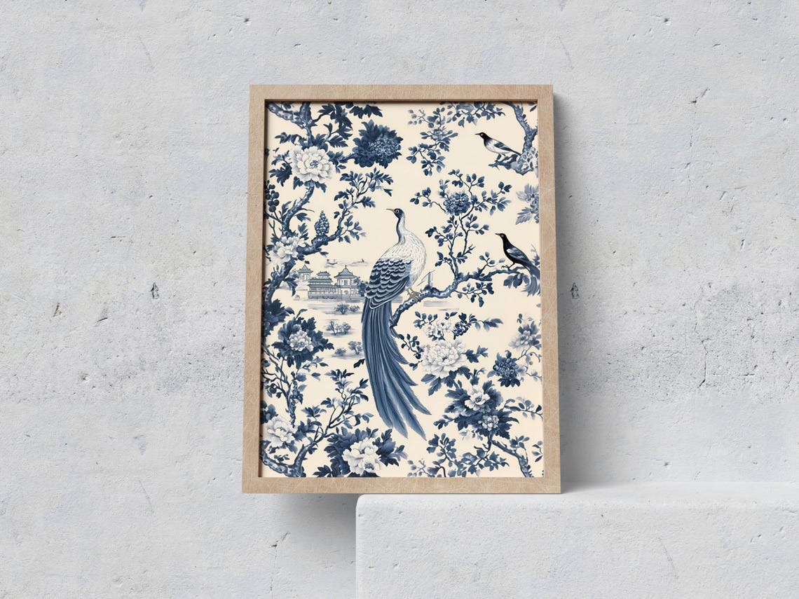 Chinoiserie Blue Bird with Peonies Vintage Botanical Poster Decor