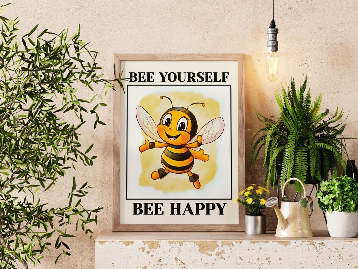 Bee Yourself Bee Happy Cute Cartoon Bee Retro Kitchen Wall Art