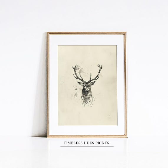 Vintage Deer Sketch Moody Stag Drawing Painting Rustic Cabin Wall Art Farmhouse Animal