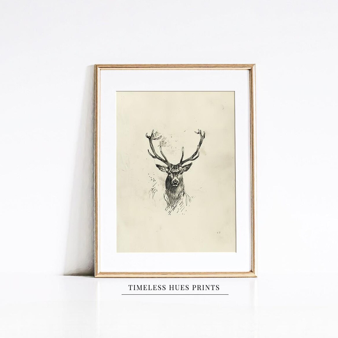 Vintage Stag Head Sketch Antlers Pencil Drawing Rustic Cabin Wall Art