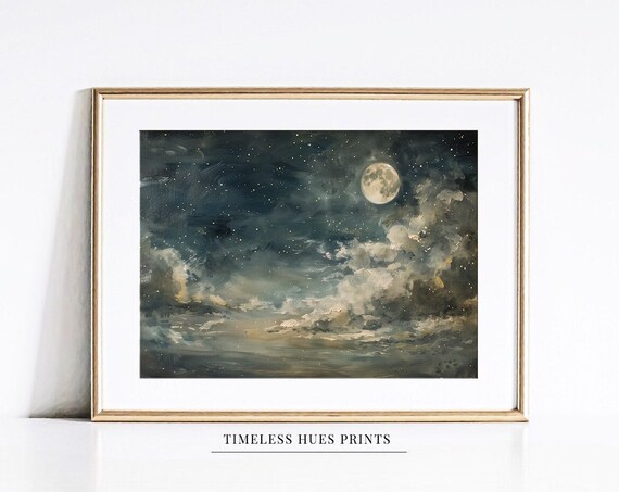 Full Moon Glowing over Dark Cloudy Night Sky Starry Clouds Poster