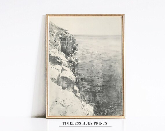 Rocky Ocean Cliffs And Calm Sea In A Vintage Charcoal Sketch Poster