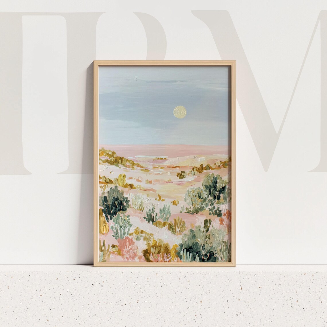 Pastel Desert Landscape Blush Cactus Moonlight Painting Print