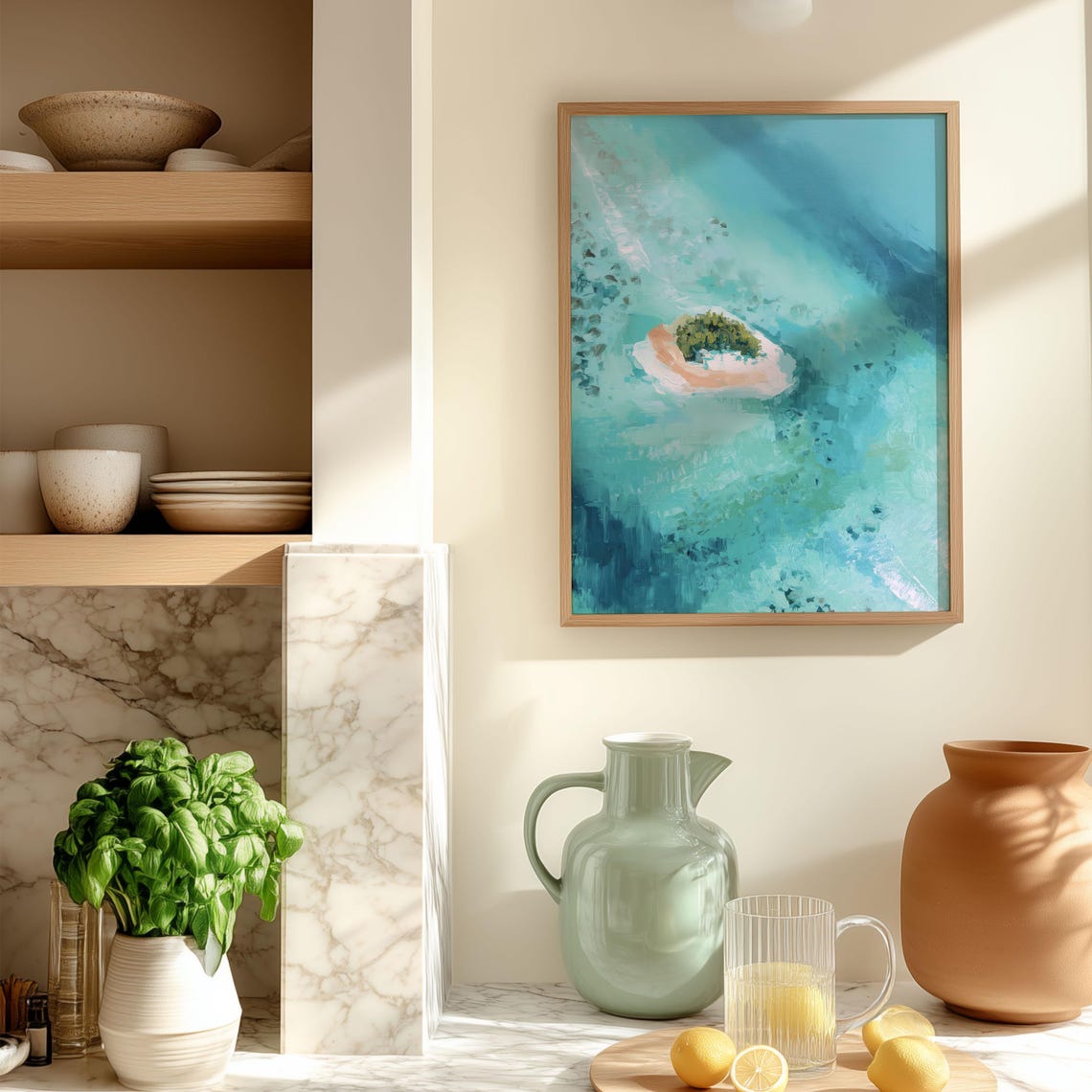 Tropical Island Aerial View Tiny Islet Turquoise Ocean Art Poster