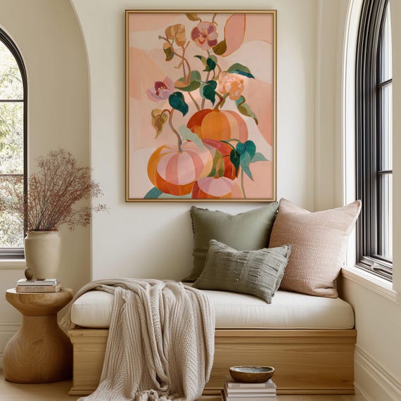 Pumpkins Floral Art Print Pastel Autumn Harvest Illustration Seasonal Botanical Painting For Fall Decor