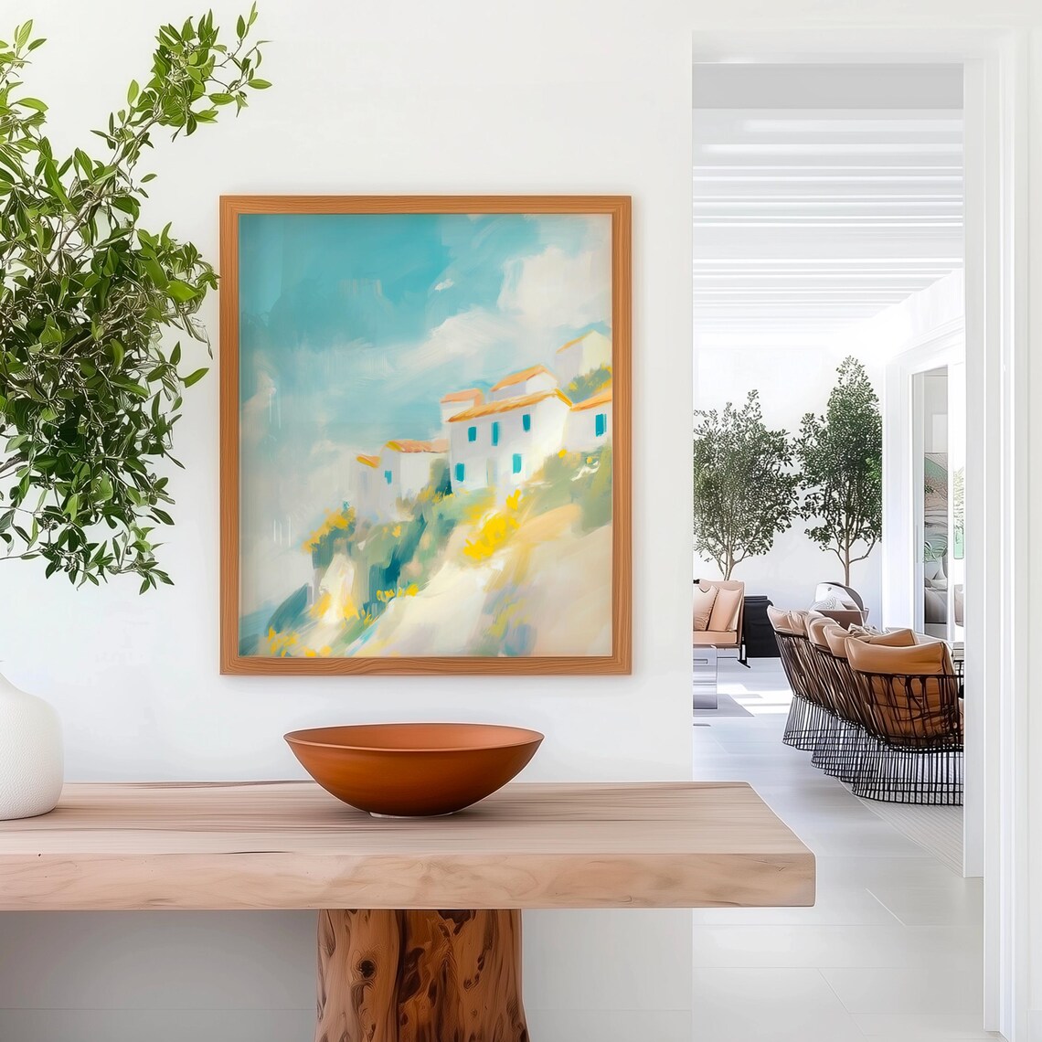 Cliffside Village White Houses Sunny Pastel Coastal Painting Print