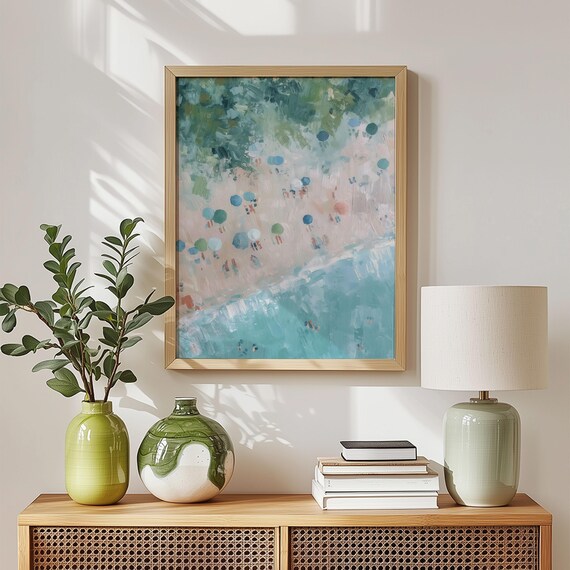 Aerial Beach Umbrellas Turquoise Shore Abstract Painting Poster