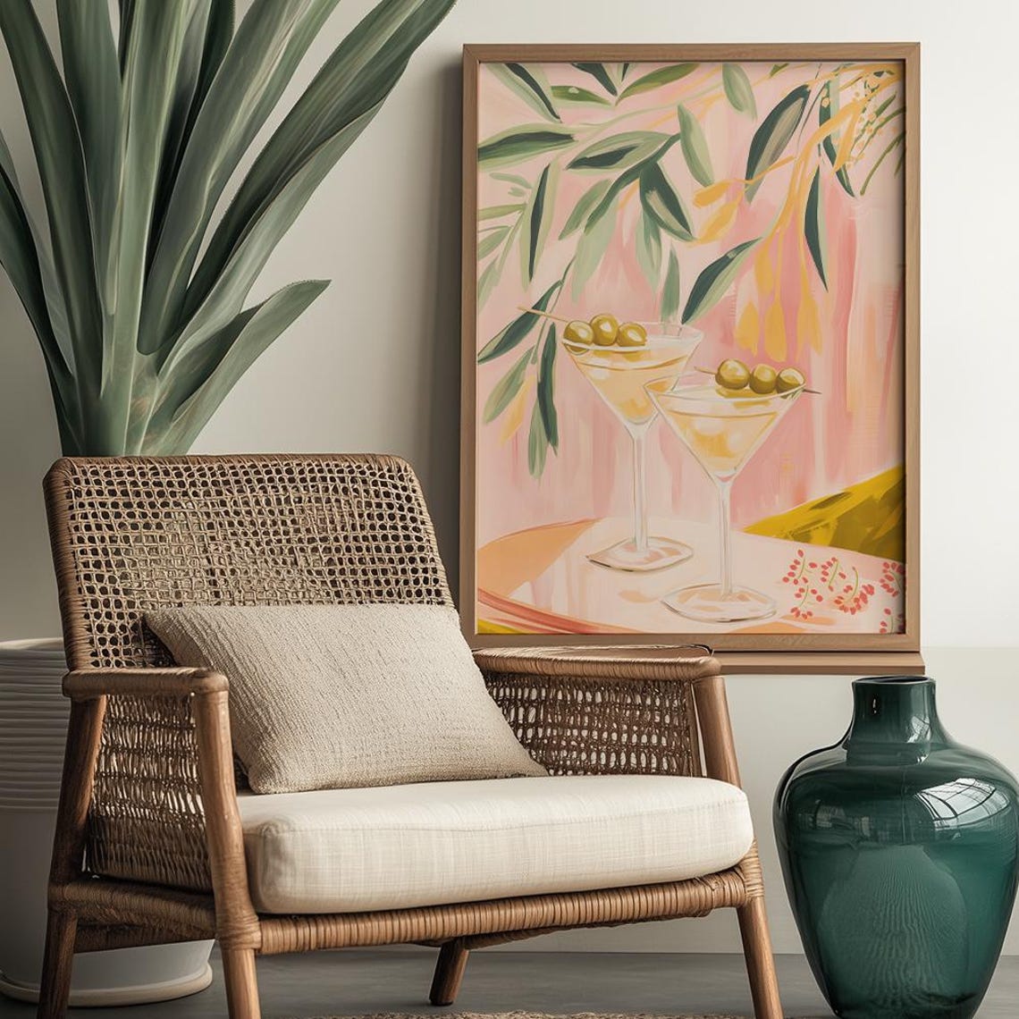 Two Martini Glasses With Olives Pink Botanical Cocktail Art Poster