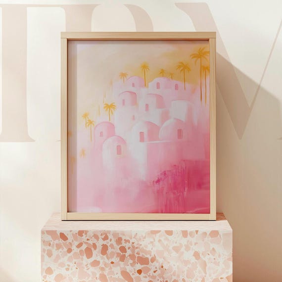Pink Desert Village Sunset Art Print