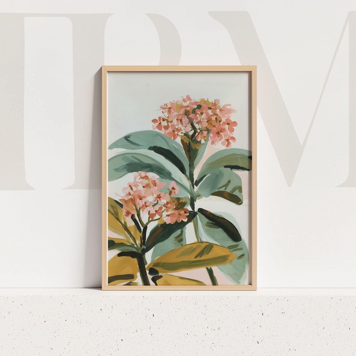 Coral Blossom Botanical Art Green Gold Leaves Painterly Wall Art