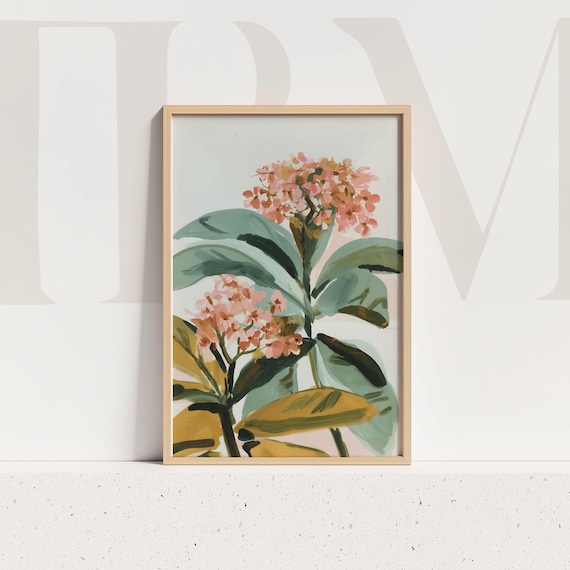 Coral Blossom Botanical Art Green Gold Leaves Painterly Wall Art