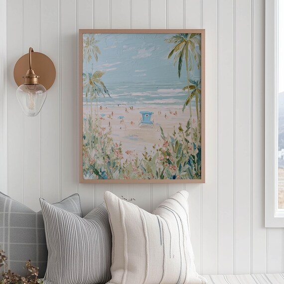 Pastel Beach Palms Lifeguard Tower Tropical Ocean Painting Poster