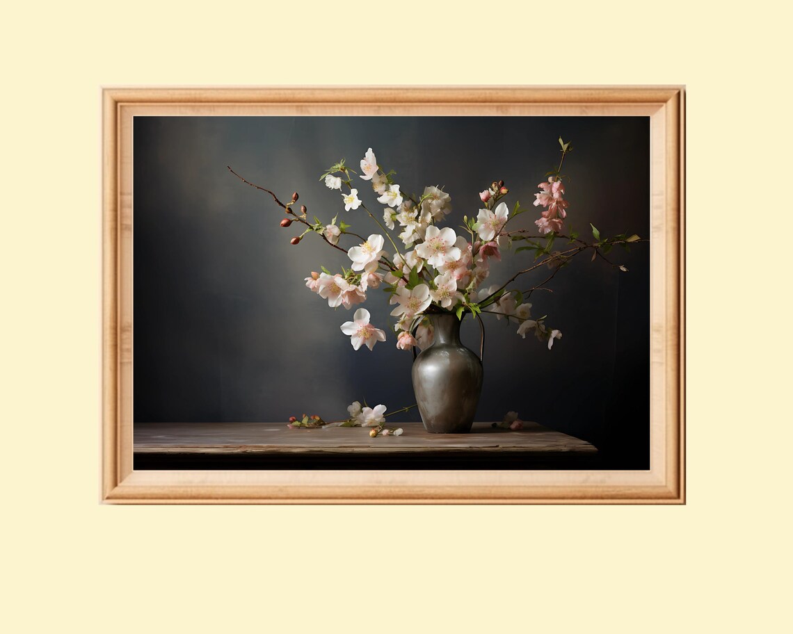 Dark Floral Still Life, Moody Vintage Painting