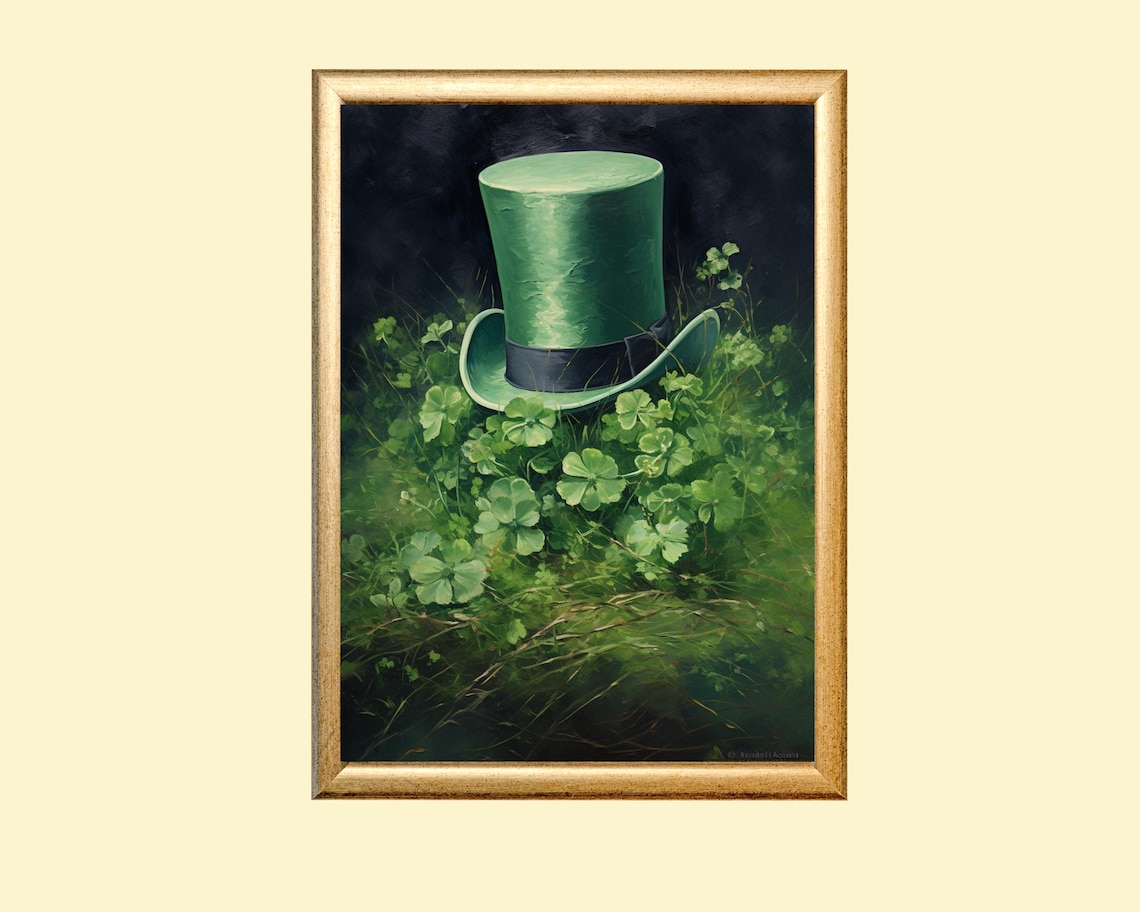 St Patricks Day Leprechaun Hat, Rustic Clover Art Print