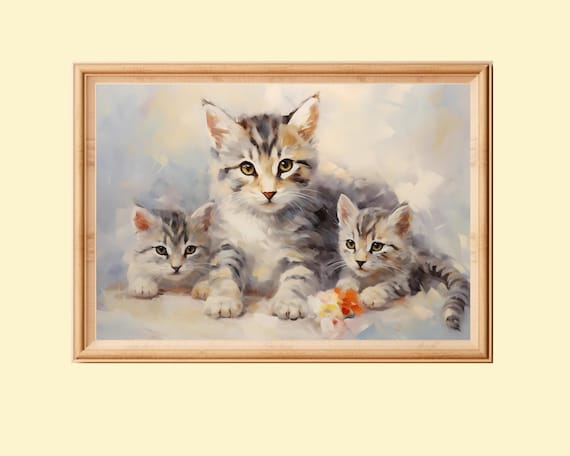 Cute Mother Cat With Kittens, Vintage Motherhood