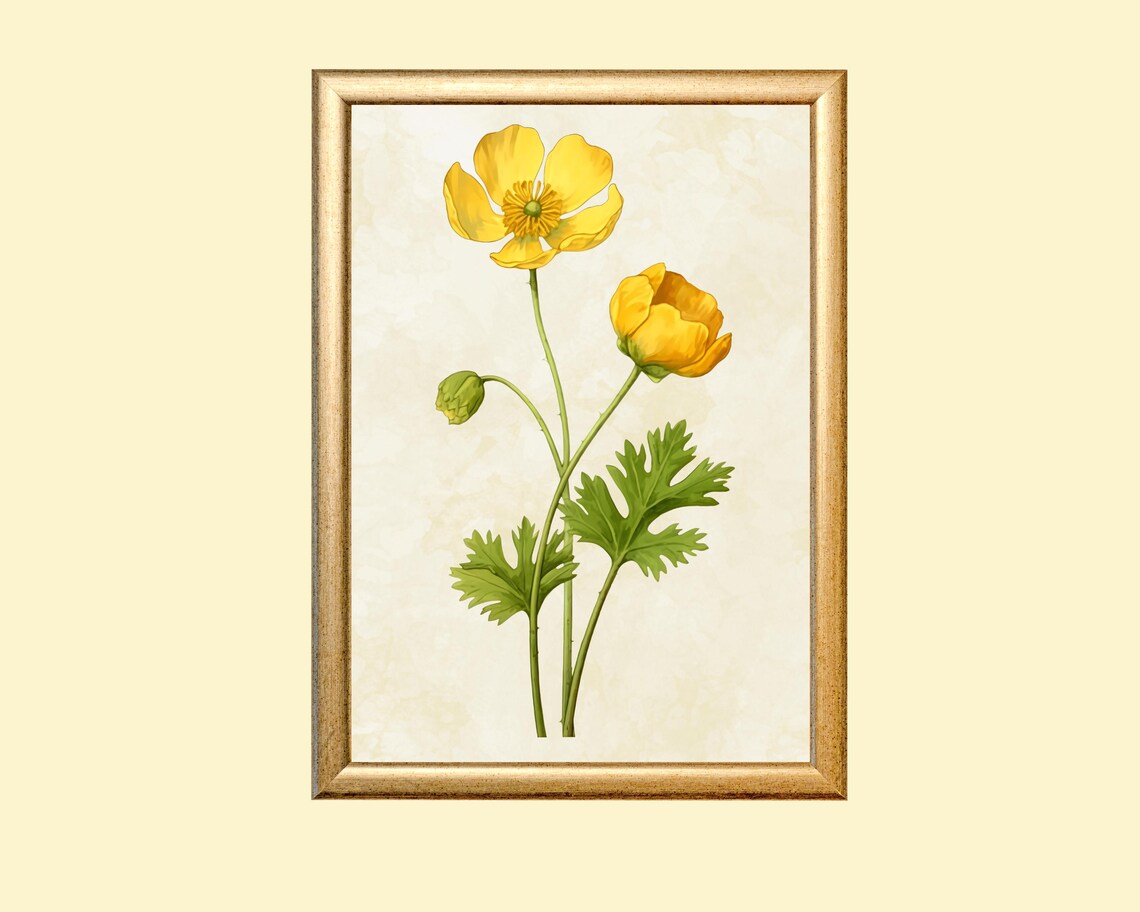 Vintage Buttercup Painting, Farmhouse Floral Decor