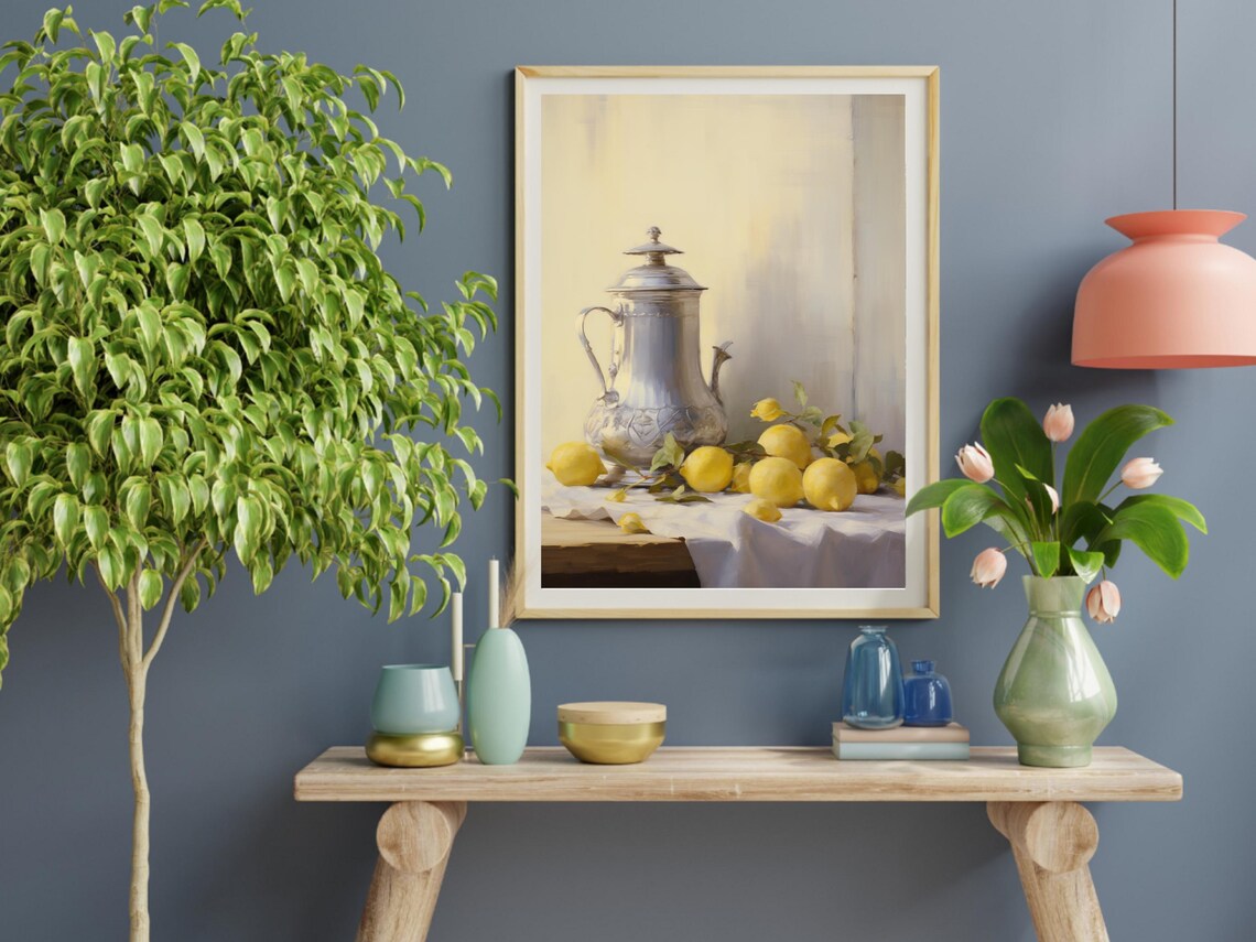 Vintage Still Life Painting, Lemons and Silver Teapot - Image 2