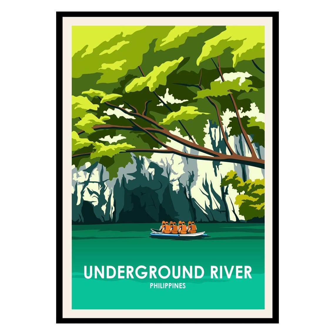 Underground River Philippines Kayak Cave Vintage Travel Poster