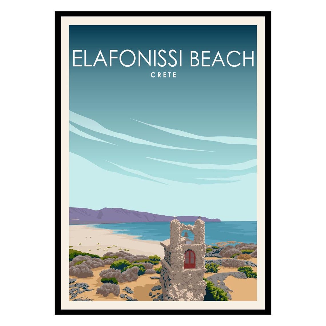 Elafonissi Beach Crete Stone Chapel Sandy Shore Vintage Travel Poster