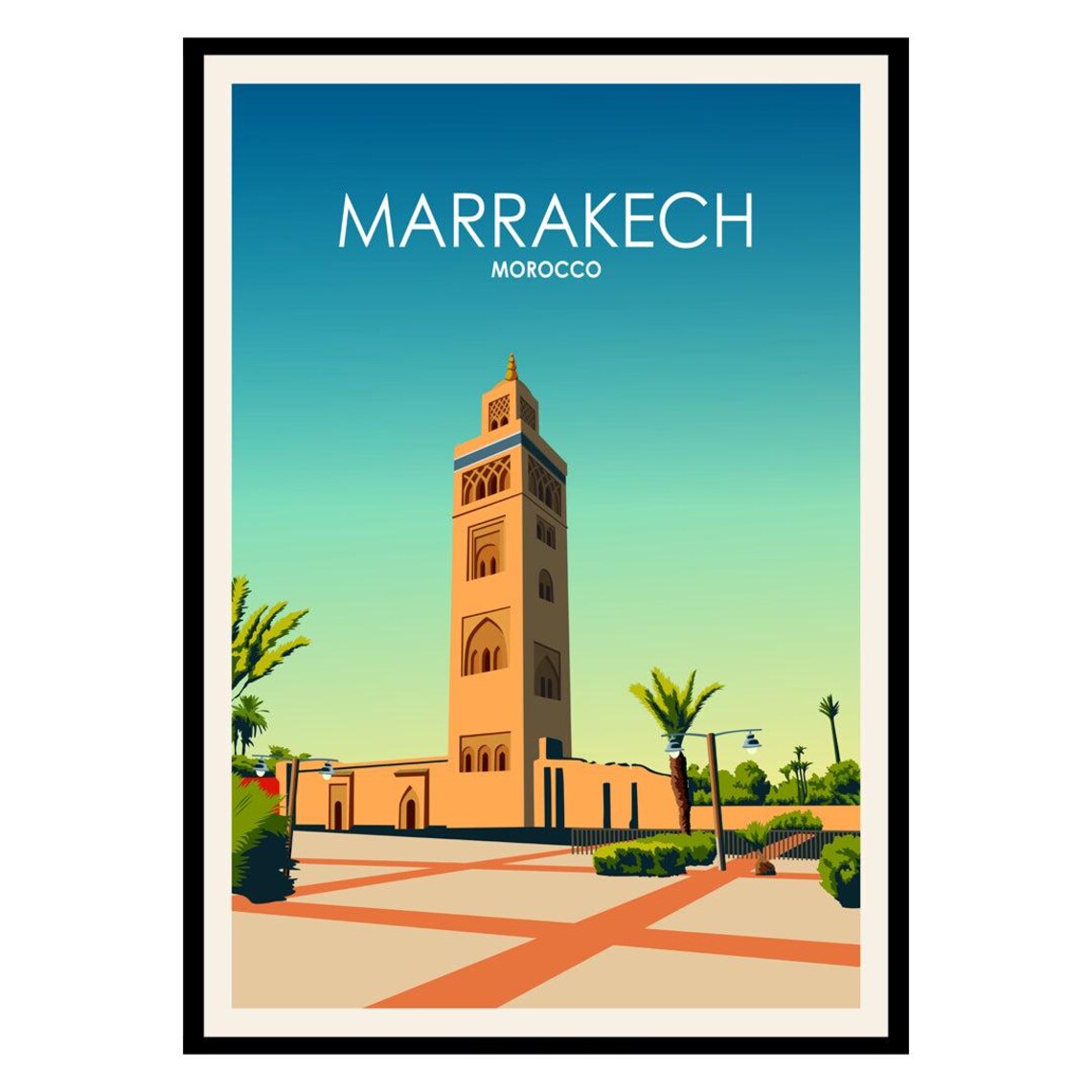 Marrakech Morocco Koutoubia Minaret Palm Trees Vintage Travel Poster