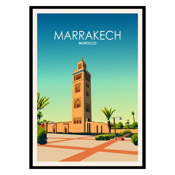 Marrakech Morocco Koutoubia Minaret Palm Trees Vintage Travel Poster
